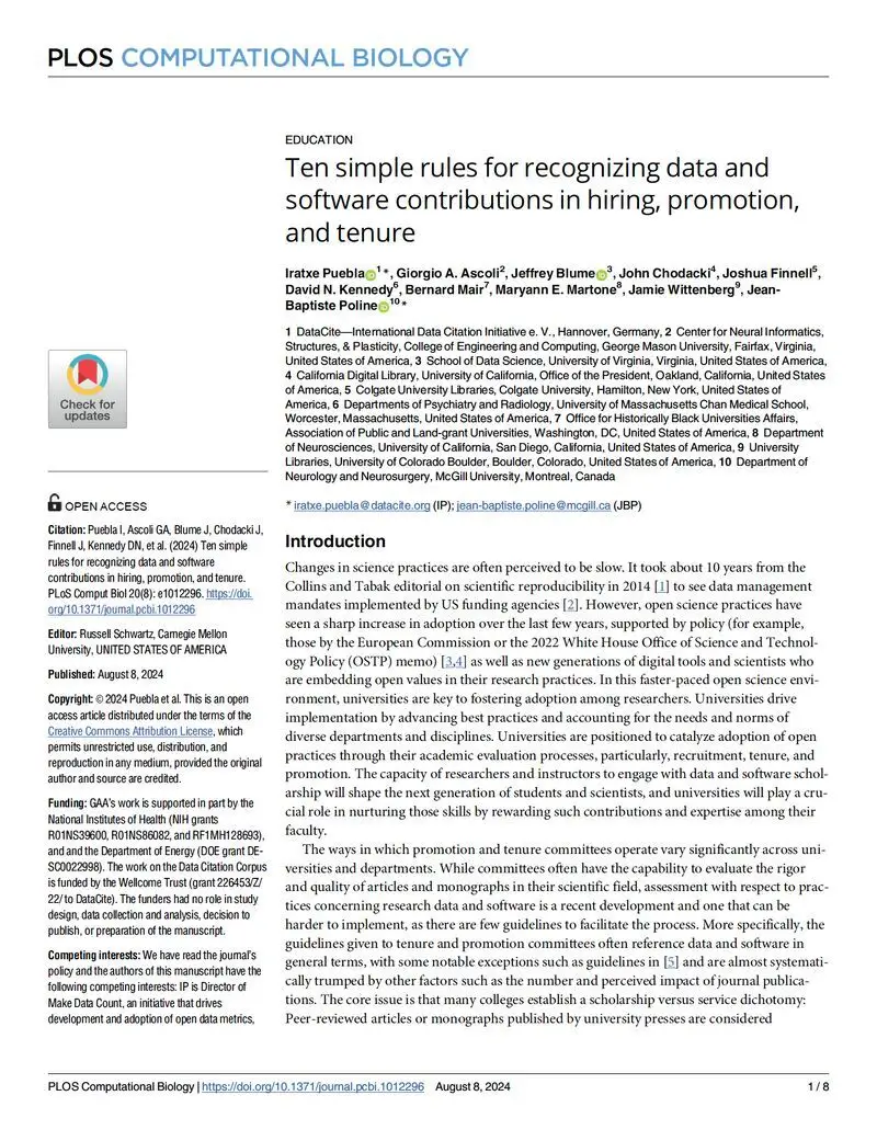 Ten simple rules for recognizing data and software contributions in hiring, promotion, and tenure